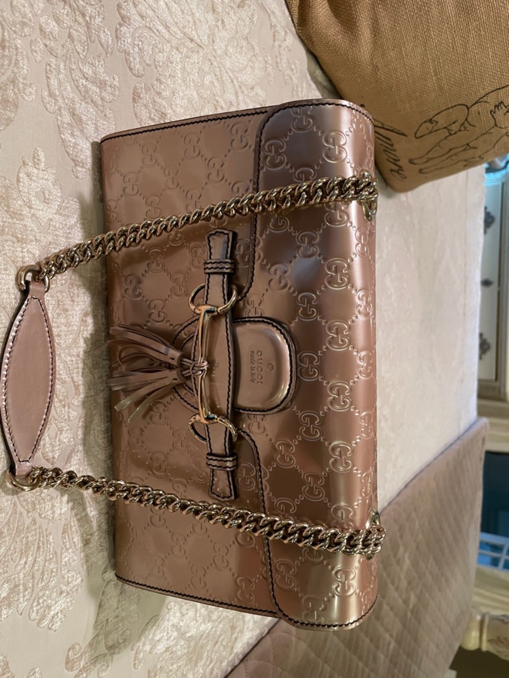 Gucci Rose Gold Patent Leather Shoulder Bag with Chain